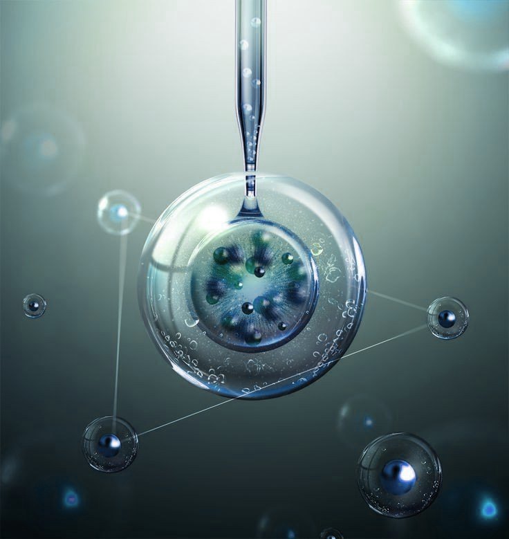 Drop of peptide serum falling from a pipette into a glass bubble