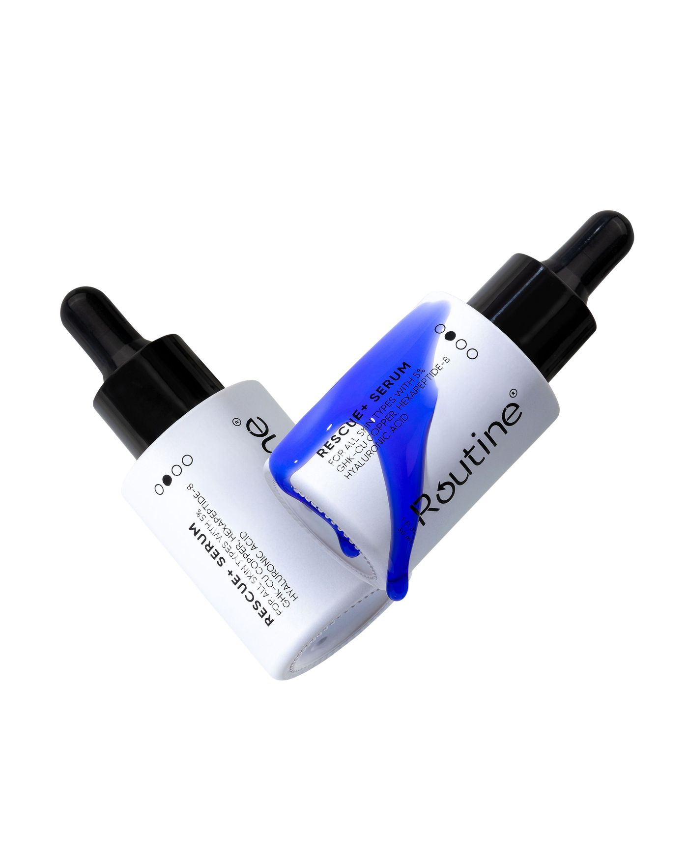 Two Routine Rescue+ Serum dropper bottles with blue peptide serum